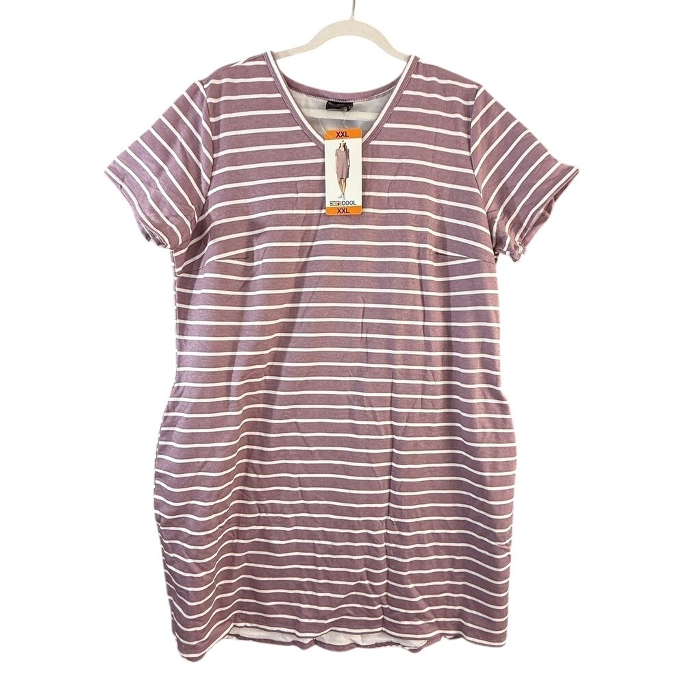 32 Degrees COOL Women's Short Sleeve V-Neck Dress. Ballerina Pink Stripe. XXL